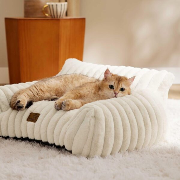 Cute Couch for Pets - Fluffy Cat Sofa with Premium Soft Corduroy Fleece, Fuzzy Couch Bed with Removable Washable Cover, Supportive Cat Chair for Indoor Cats, 24Inch, Cream