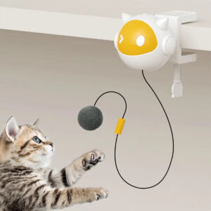 White Electric Cat Toy with Replaceable Hair Ball, Clip-On for 1 - 4M Desktop, Powered by 2AAA Batteries
