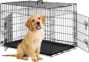 Dog Crate Dog Cage Dog Kennel Metal Wire Double-Door Folding Pet Animal Pet Cage with Plastic Tray and Handle for Small Dogs,24 Inches