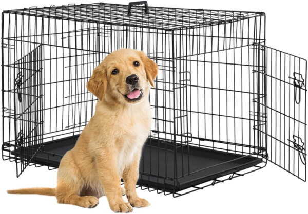Dog Crate Dog Cage Dog Kennel Metal Wire Double-Door Folding Pet Animal Pet Cage with Plastic Tray and Handle for Small Dogs,24 Inches