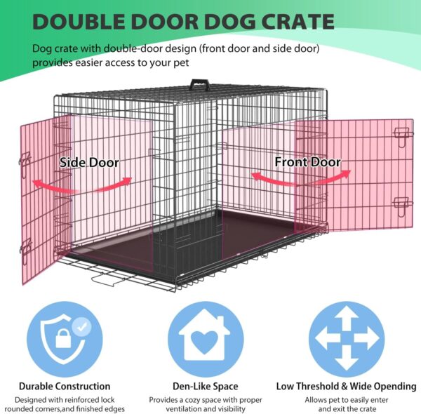 Dog Crate Dog Cage Dog Kennel Metal Wire Double-Door Folding Pet Animal Pet Cage with Plastic Tray and Handle for Small Dogs,24 Inches