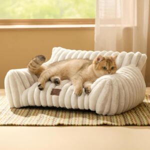 Cute Couch for Pets - Fluffy Cat Sofa with Premium Soft Corduroy Fleece, Fuzzy Couch Bed with Removable Washable Cover, Supportive Cat Chair for Indoor Cats, 24Inch, Cream