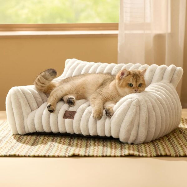 Cute Couch for Pets - Fluffy Cat Sofa with Premium Soft Corduroy Fleece, Fuzzy Couch Bed with Removable Washable Cover, Supportive Cat Chair for Indoor Cats, 24Inch, Cream