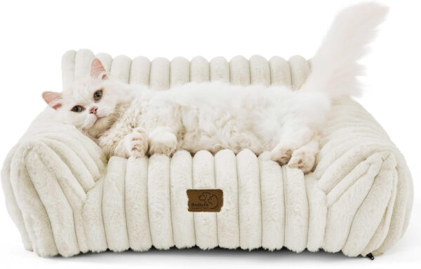 Cute Couch for Pets - Fluffy Cat Sofa with Premium Soft Corduroy Fleece, Fuzzy Couch Bed with Removable Washable Cover, Supportive Cat Chair for Indoor Cats, 24Inch, Cream