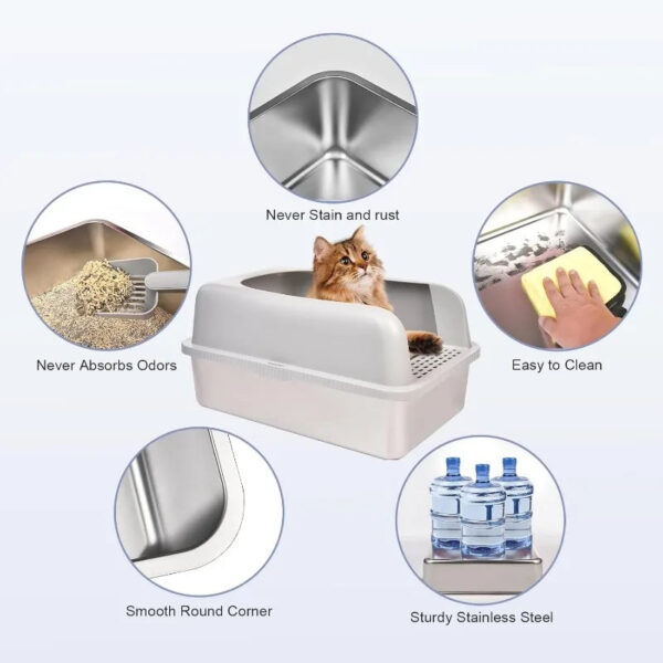 Stainless Steel Cat Litter Box with Lid, 20" L X 14.2" W X 11.8" H, Extra Large Litter Box for Big Cats with High Sided