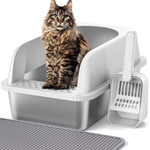 Stainless Steel Cat Litter Box with Lid, 20" L X 14.2" W X 11.8" H, Extra Large Litter Box for Big Cats with High Sided