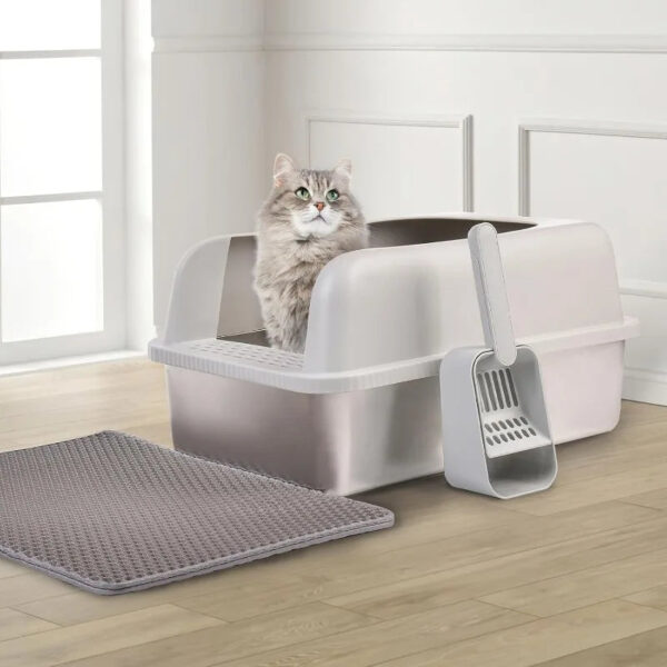 Stainless Steel Cat Litter Box with Lid, 20" L X 14.2" W X 11.8" H, Extra Large Litter Box for Big Cats with High Sided