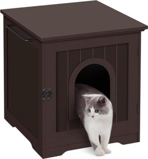 Cat Litter Box Furniture Enclosure - Hidden Kitty Litter Cat House with Hinged Door, Nightstand, Side Table & Pet Crate, Indoor